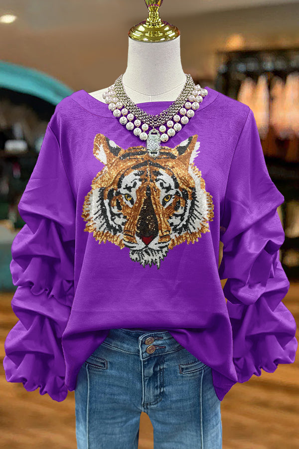 Shiny Purple Gameday Tiger Print Pleated Sweatshirt