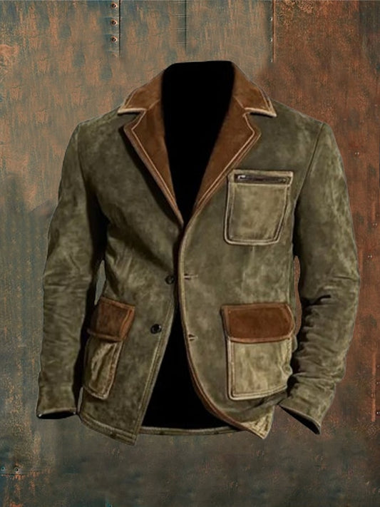 Men's Western Vintage Multi-Pocket Color Block Reversal Collar Jacket