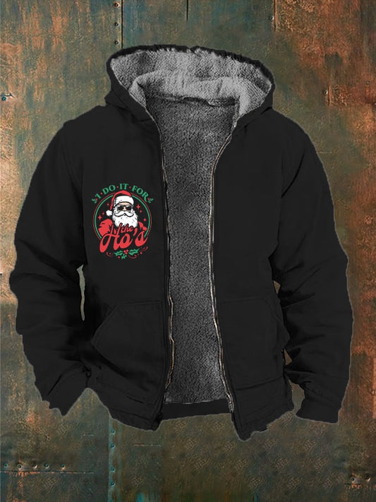 Men's Christmas Funny Santa I Do It For The Ho's Printed Zip Fleece Hooded Jacket