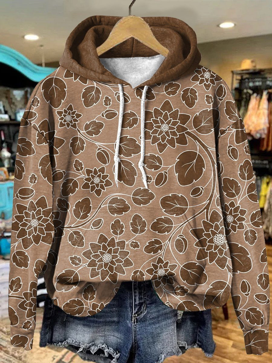 Vintage Brown Floral Vine Art Print Casual Hoodie Sweatshirt