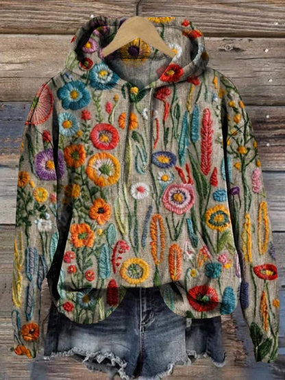 Embroidery Spring Meadows Floral Art Printed Casual Hoodie Sweatshirt