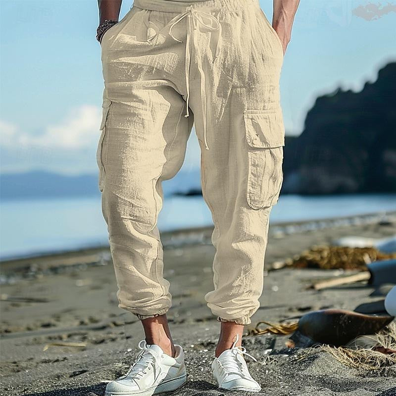 Men's Casual Drawstring Solid Color Loose Cotton Linen Work Pants