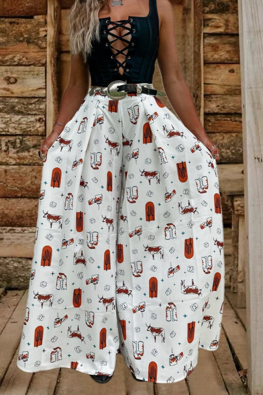 Retro White Western Print Wide-Leg High-Waisted Pants