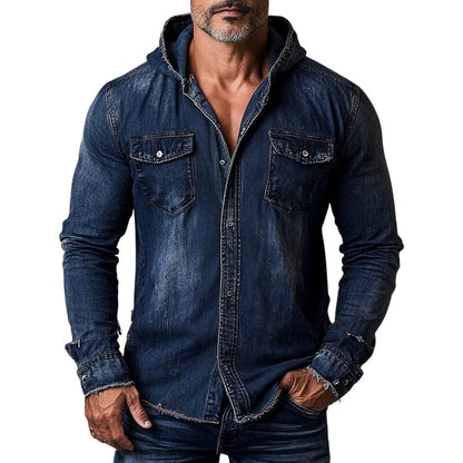 Men's Vintage Distressed Denim Pocket Long Sleeve Hooded Shirt