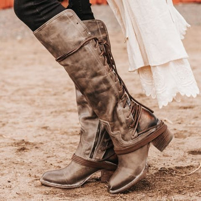 Vintage Lace Up Chunky Heel Cross Strap High Boots