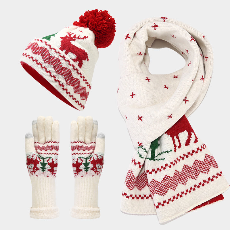 Unisex Christmas Warm Hat Gloves Scarf Knitted Elk Set