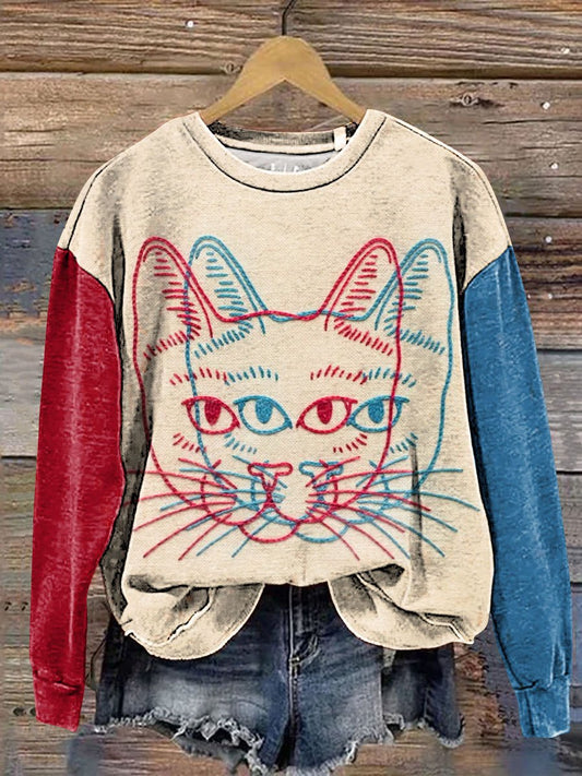 Vintage Abstract Psychedelic Red and Blue Cat Art Print Casual Sweatshirt