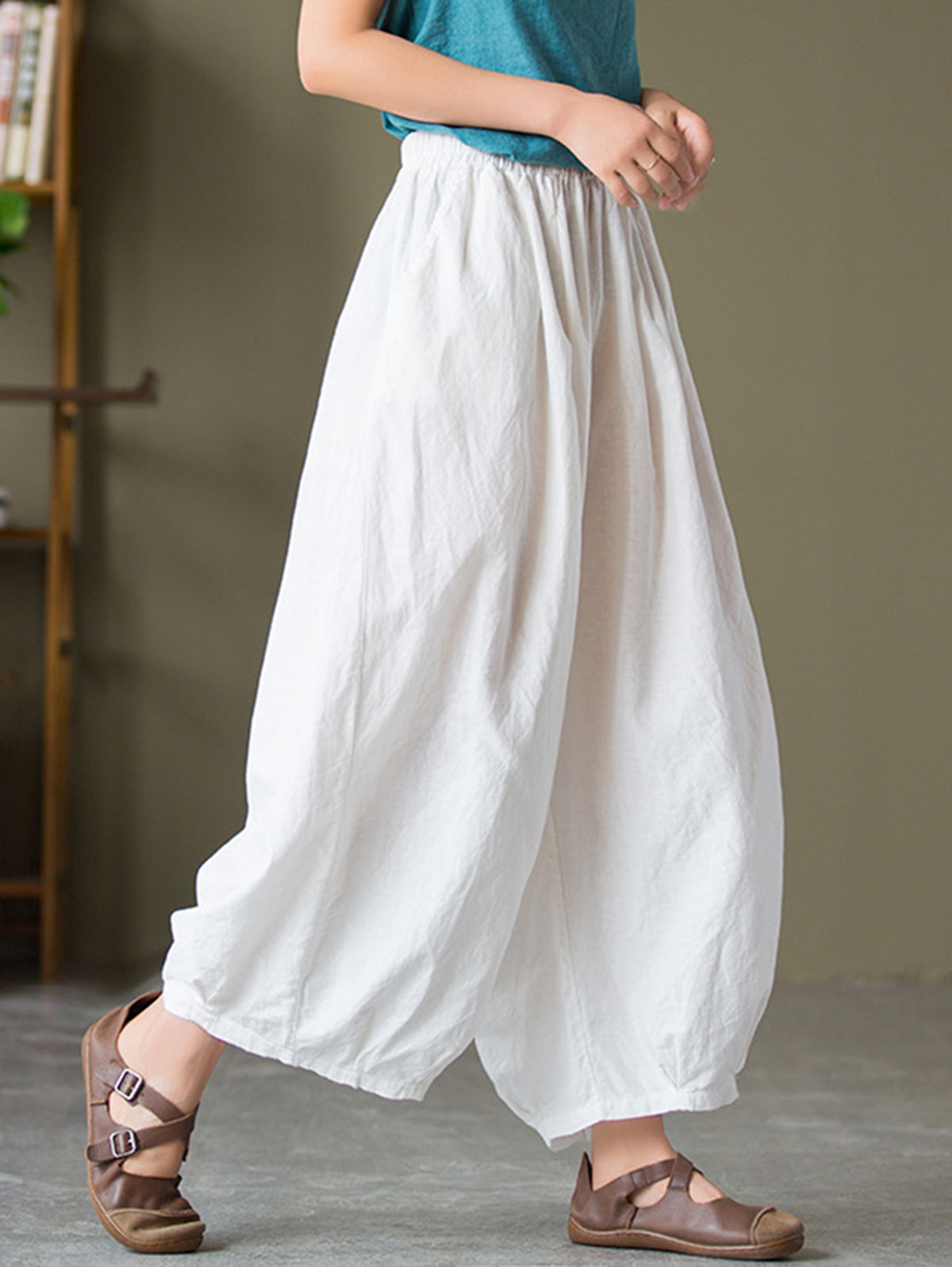 Casual Solid Slant Pocket Elastic Waist Wide Leg Pants