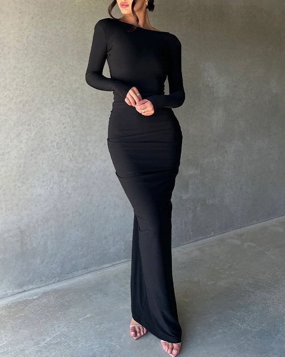 Reversible Pleated Long-Sleeved Backless Maxi Dress