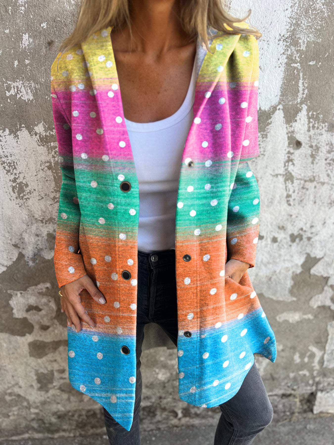 Colorful Abstract Art Print Long Sleeve Button Hooded Jacket