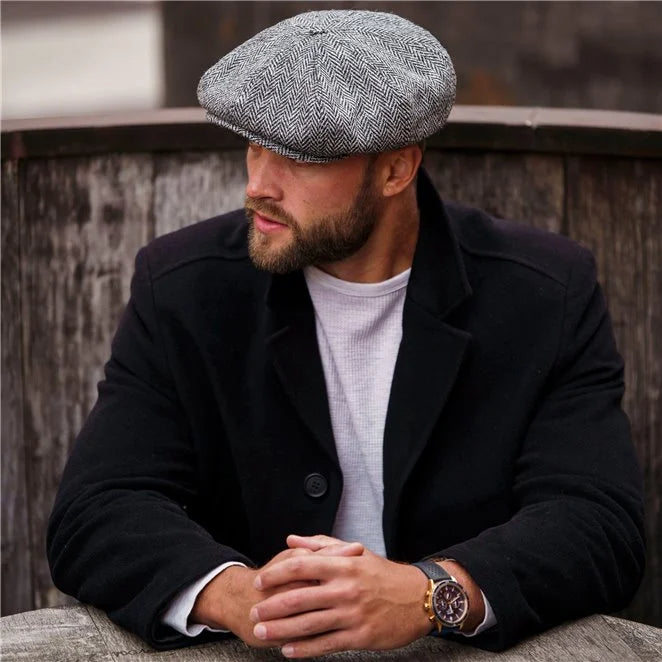 PEAKED CAPS Genuine Scottish Harris Tweed 8 Panels Man Cap GRAY-BLACK