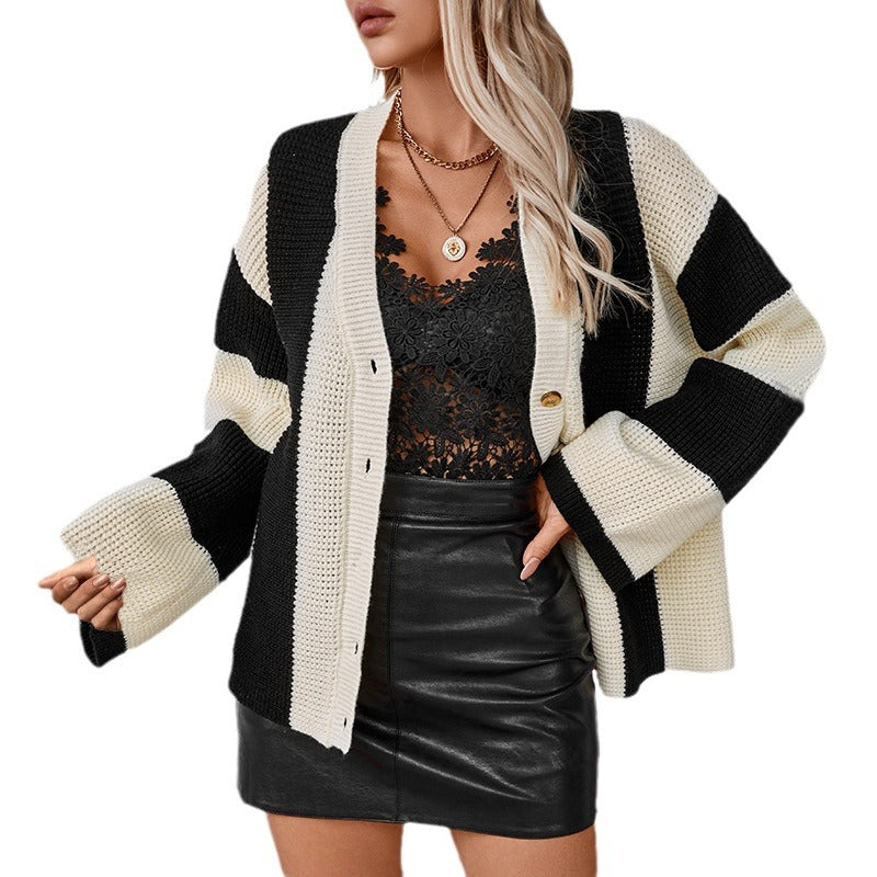 Contrast Color Striped Cardigan Sweater Women's Knitted Sweater