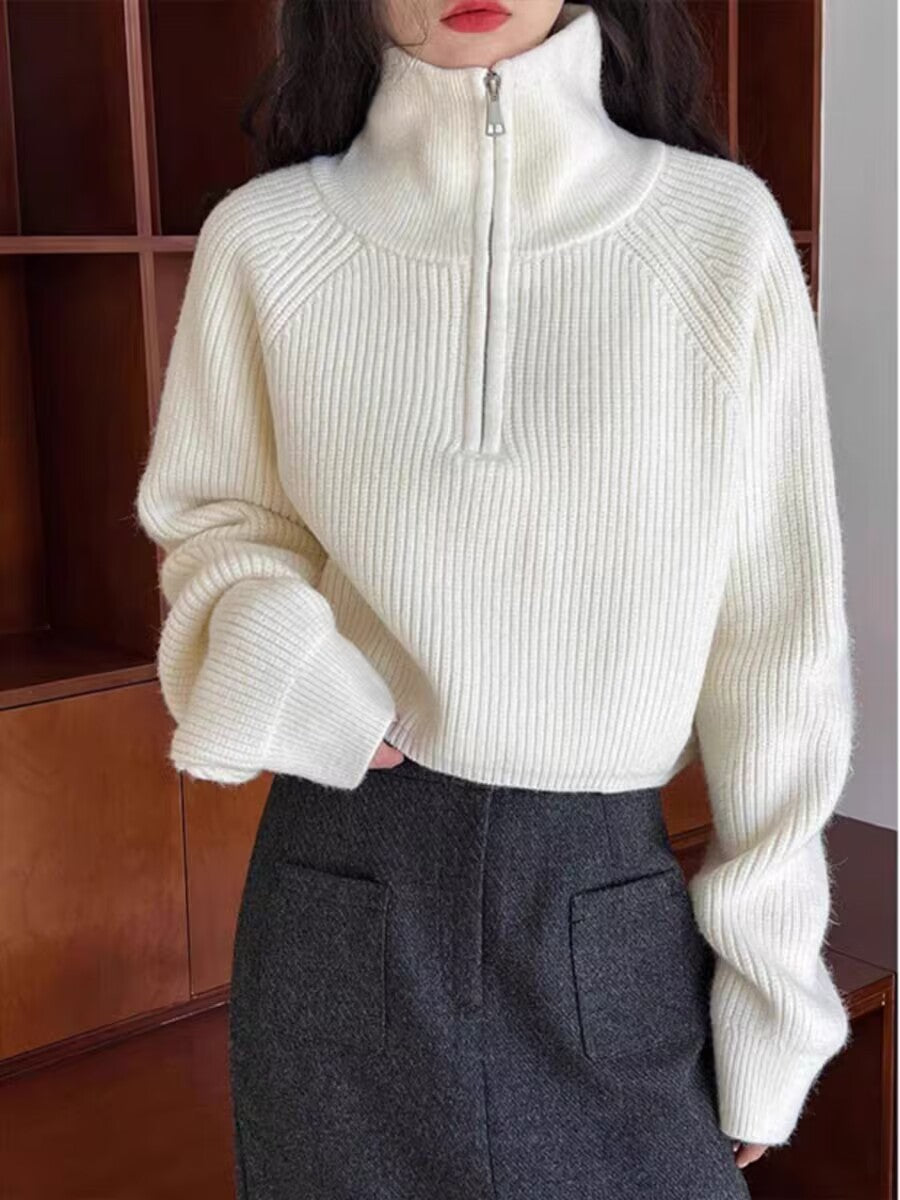 Retro Half Zipper Cropped Bat Sleeve Pullover Sweater Women