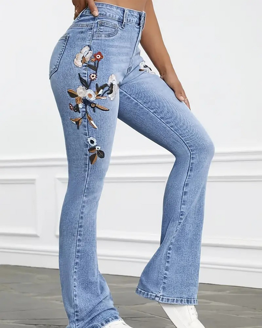 Embroidered Flared Trimmed Jeans