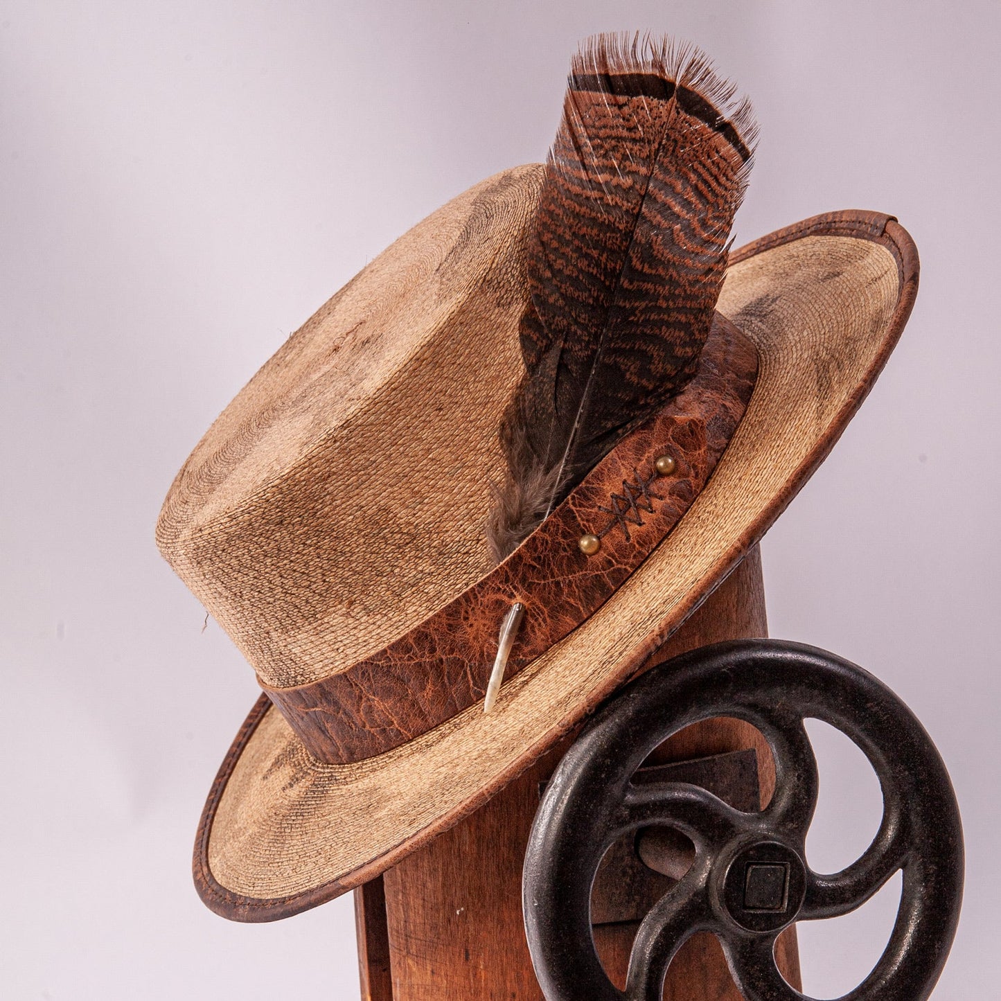 Palmetto - Distressed Straw Boater Hat - Leather Hat Band