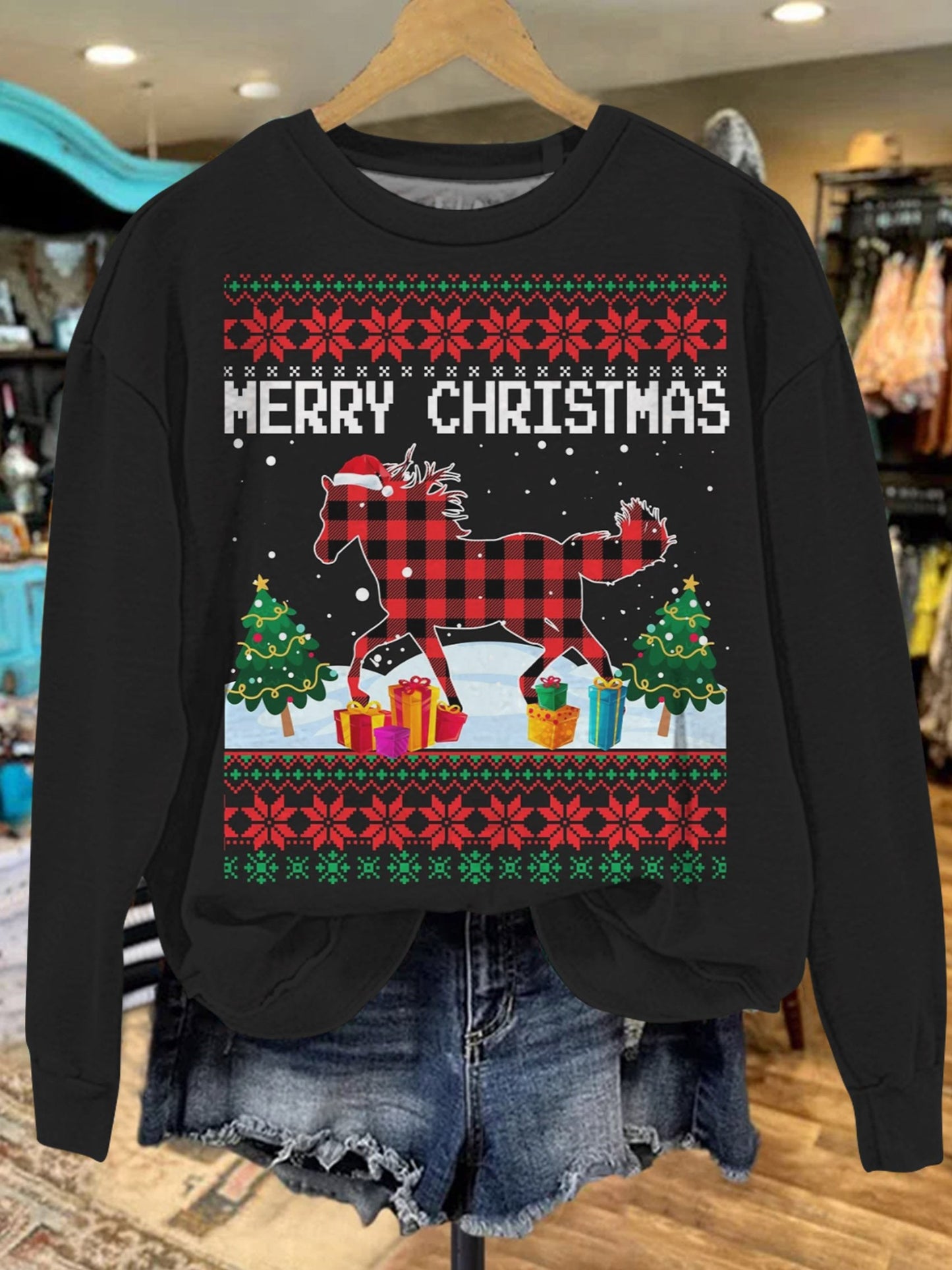 Merry Horsemas Print Casual Sweatshirt