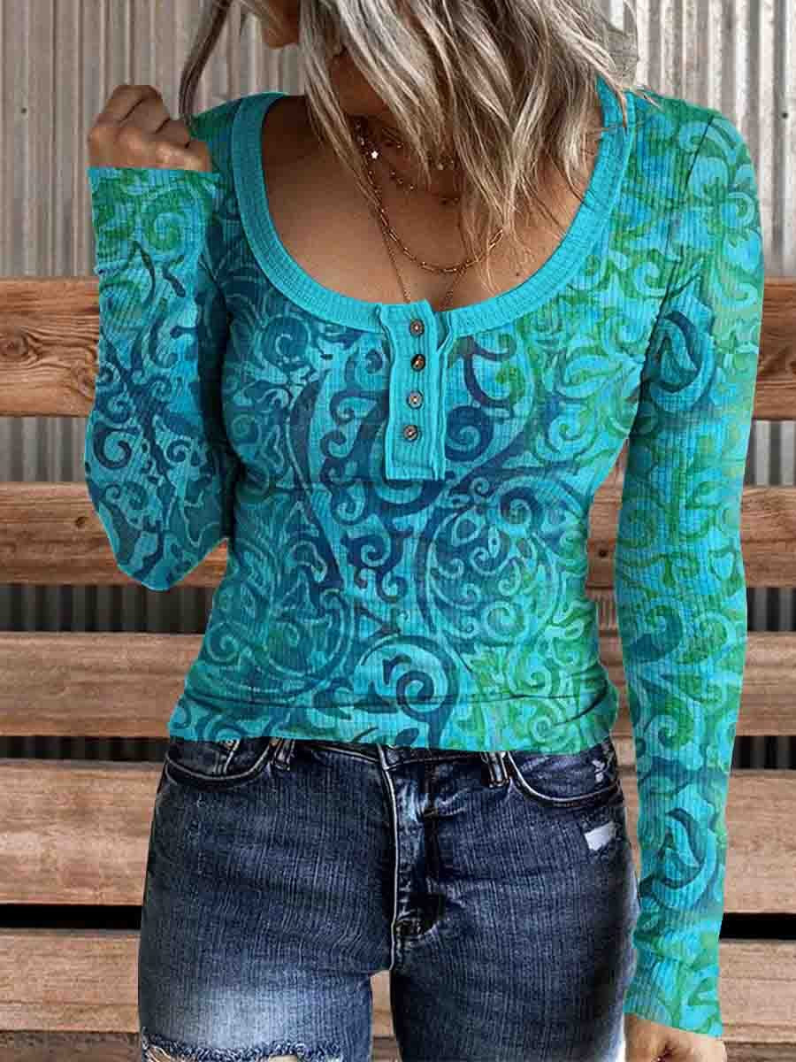 Women's Vintage Floral Print Casual Long Sleeve Comfortable Cotton Henley Top