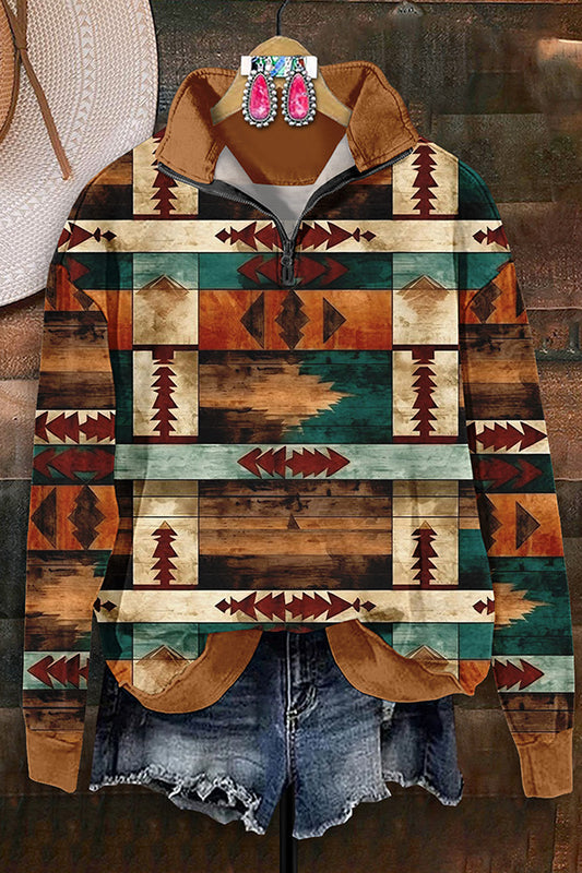 Retro Western Aztec Print Zip-Up Sweatshirt