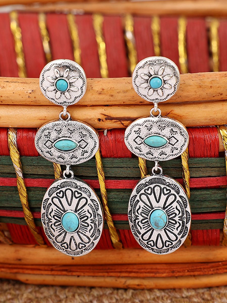 Western Cowboy Retro Turquoise Ethnic Exaggerated Alloy Earrings-0520