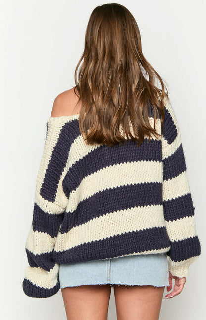 Navy Striped Chunky Knit Sweater