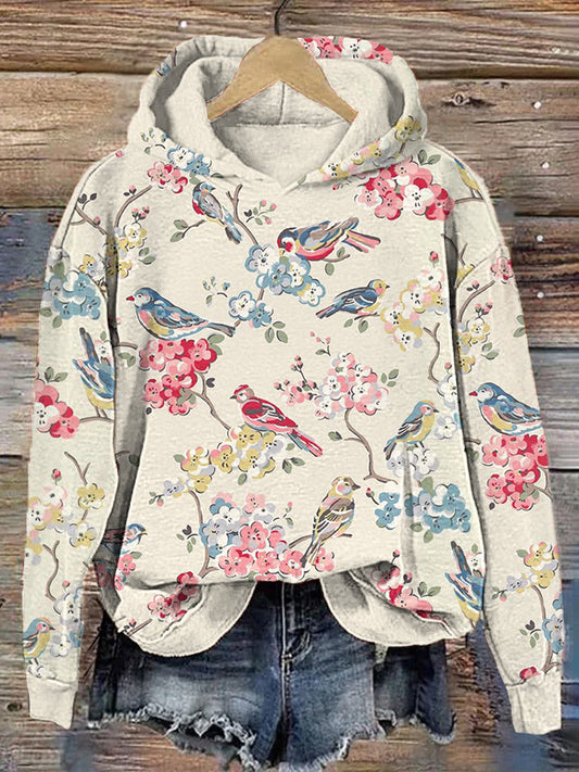 Field Bird & Floral Print Cozy Hoodie