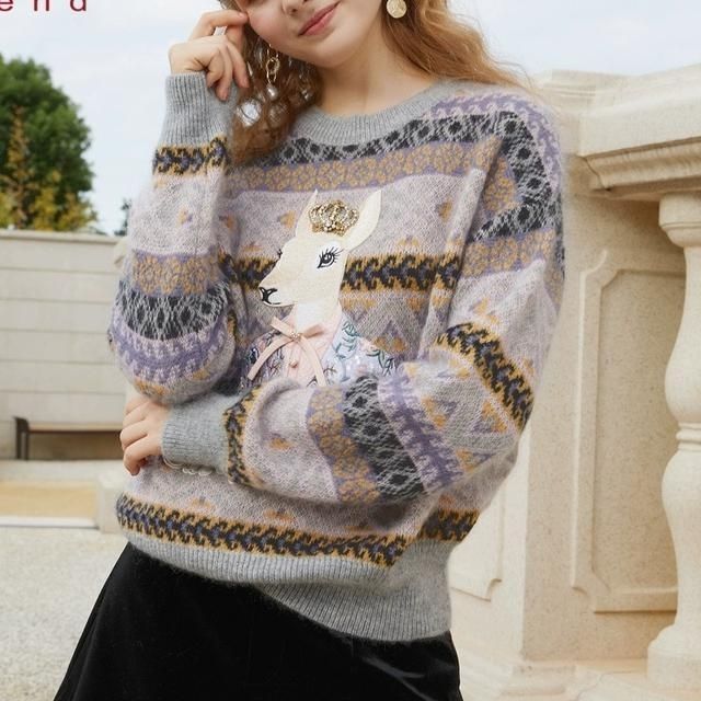 Loose Geometric Deer Bow Knit Sweater Top