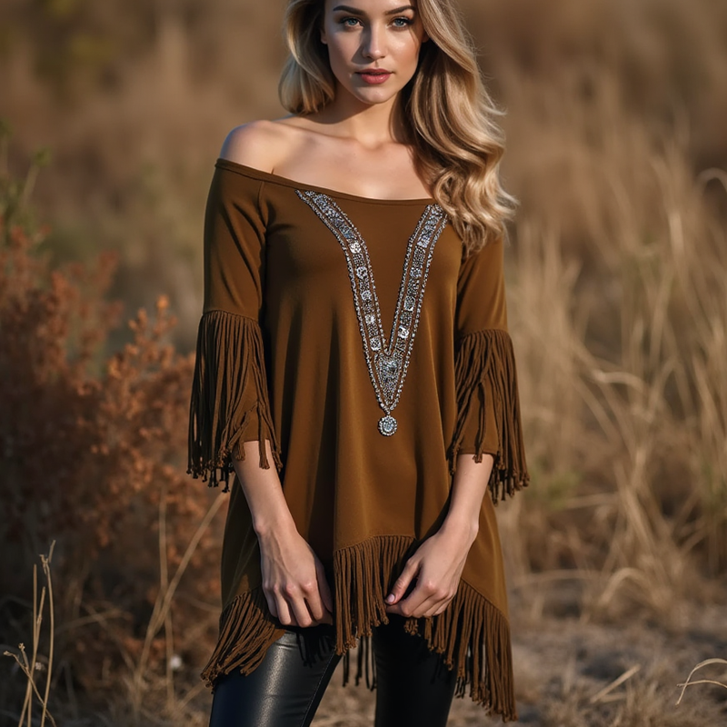 Women's Fringed Lace Off-the-shoulder Elegant Tunic Basic Pullovers Blouse Dressy Tops