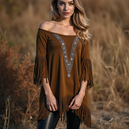 Women's Fringed Lace Off-the-shoulder Elegant Tunic Basic Pullovers Blouse Dressy Tops