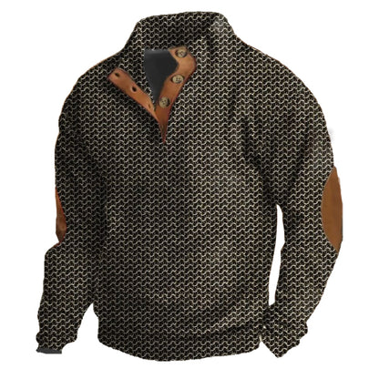 Men's Casual Vintage Country Western Print Henley Stand Collar Sweatshirt