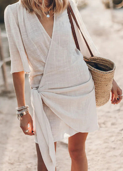 Casual Cotton And Linen Cross V-neck Spring And Summer Short-sleeved Dress