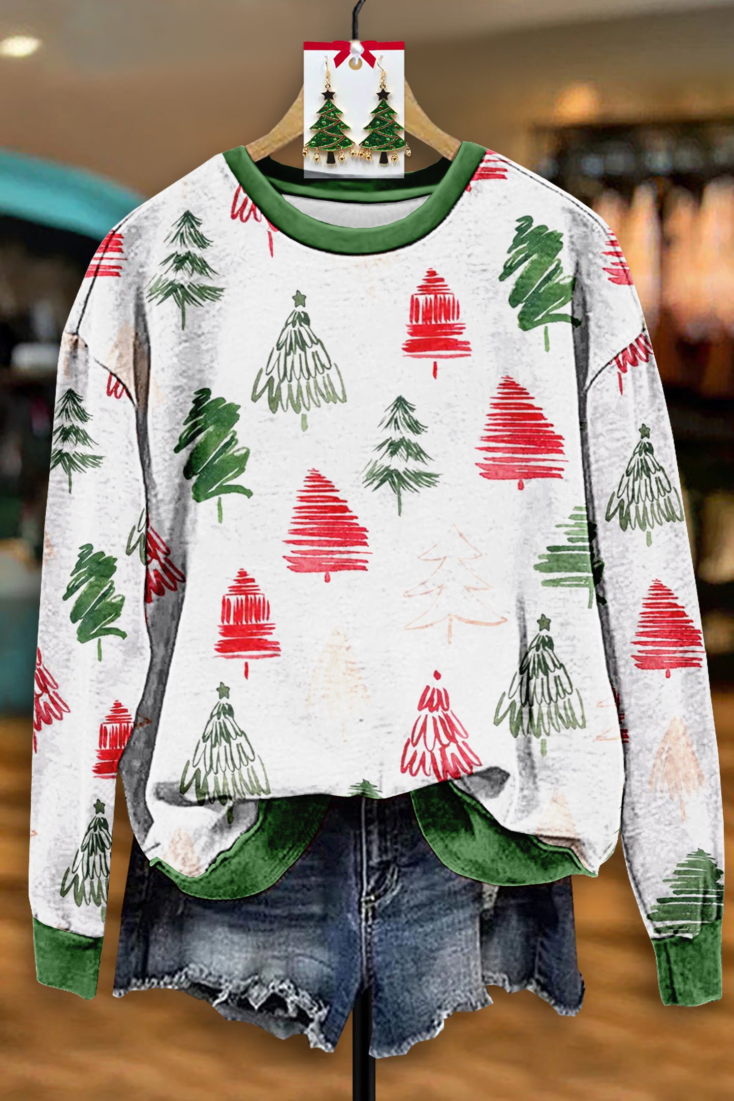 Pretty Christmas Tree Painted Print Sweatshirt