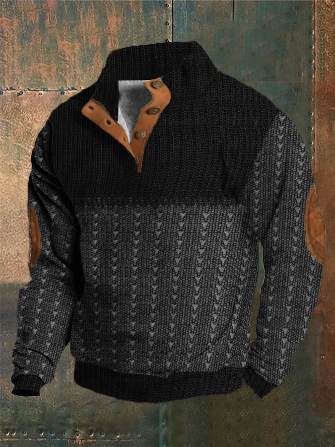 Men's Western Vintage Knitted Jacquard Print Stand Collar Button Sweatshirt