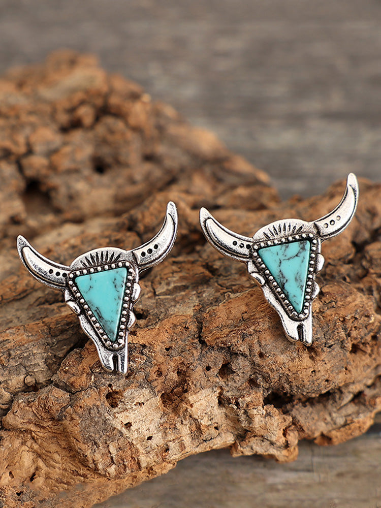 Western Turquoise Cow Head Earrings-0520