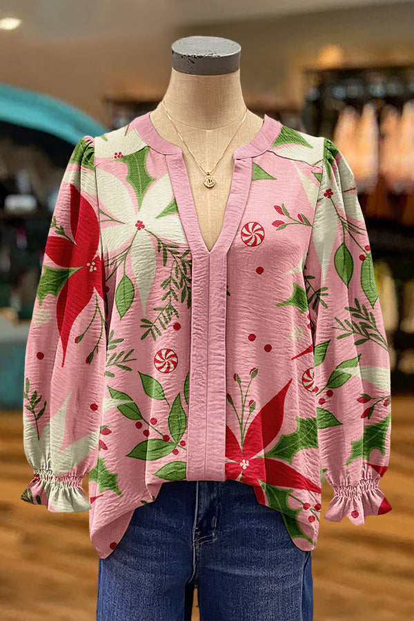 Sweet Christmas Flowers Print Puff Sleeve Blouse