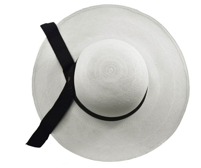 Classy Long Brim White | Black Band | Genuine Panama Hat | Toquilla Straw | Handwoven in Ecuador - EA - HatBox Included