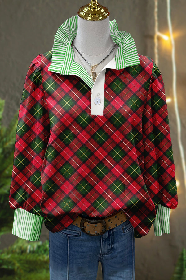 Classic Christmas Plaid Print Puff Sleeve Blouse