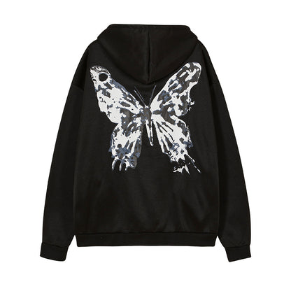 Autumn And Winter Women's Plus Velvet Cardigan Hooded Sweatshirt European And American New Street Letter Butterfly Print