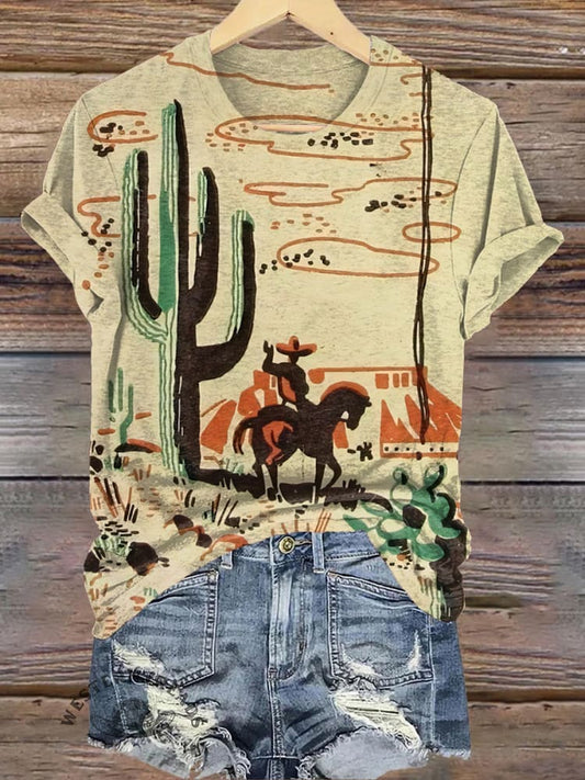 Vintage Wild West Cowboy Print T-Shirt