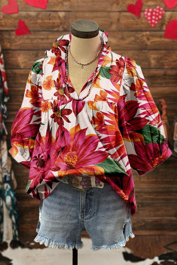 Floral Valentine's Day Print Puff Sleeve Blouse