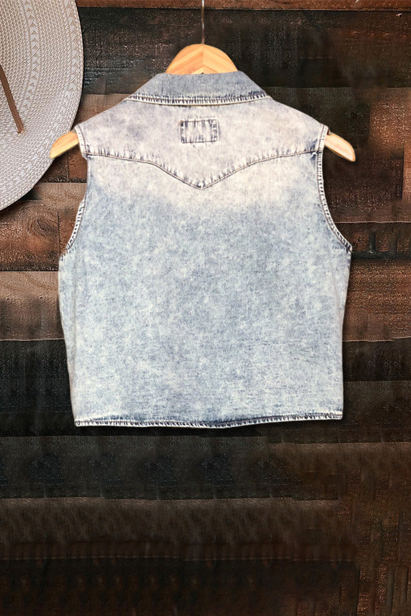 Vintage Wash Denim Pearl Snap Sleeveless Top