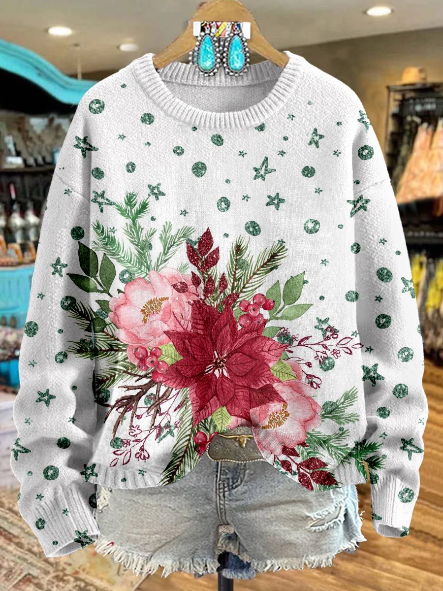 Flower Print Knit Pullover Sweater