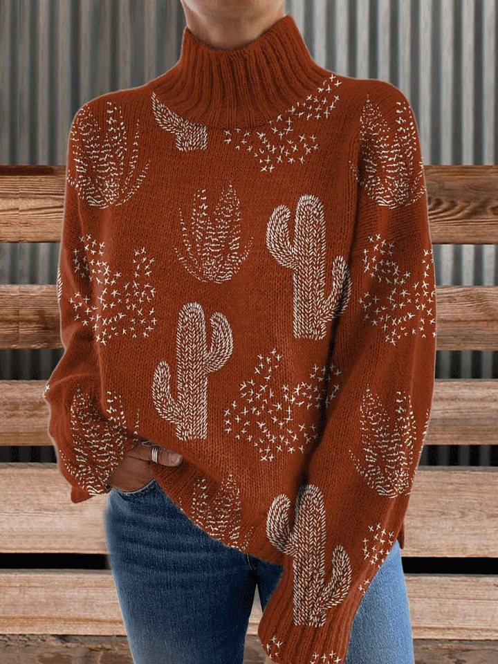 Vintage Print Knit Turtleneck Pullover Sweater