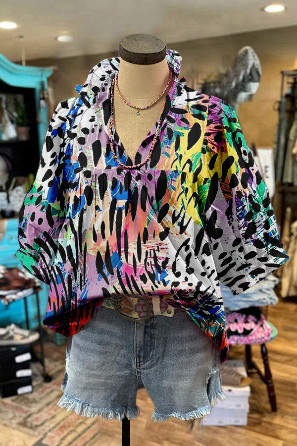 Cute Mardi Gras Leopard Print Puff Sleeve Blouse