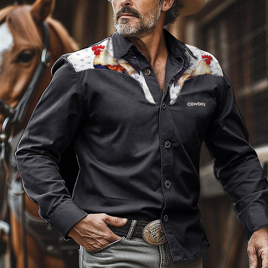 Men's Vintage Western Nomad Cock Rodeo Print Long Sleeve Shirt