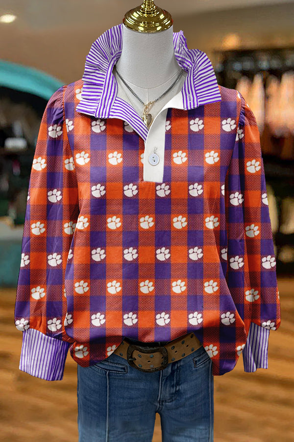 Purple Orange Gameday Tigers Print Puff Sleeve Blouse