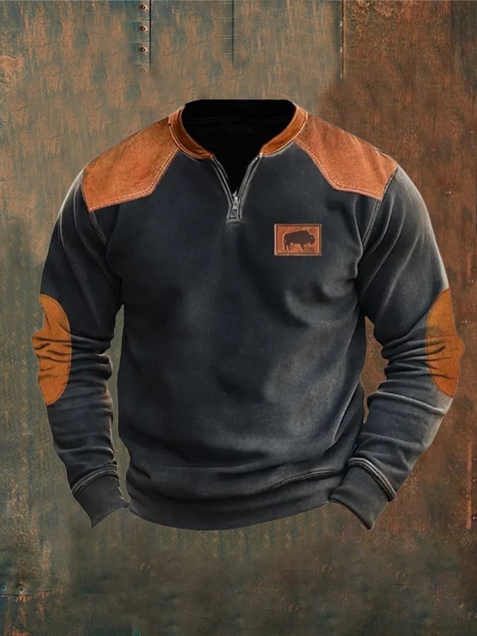 Men's Vintage Quarter Zip Elbow Patches Buffalo Horn Lable Sweatshirt