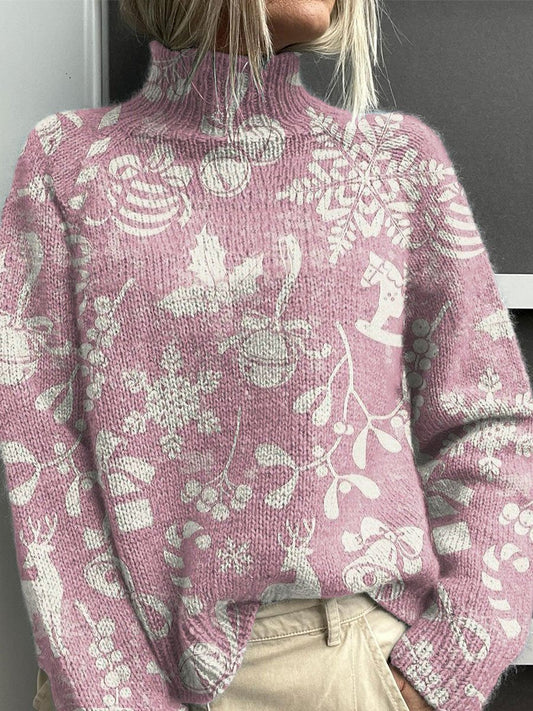 Christmas Pattern Art Print Knit Turtleneck Pullover Sweater