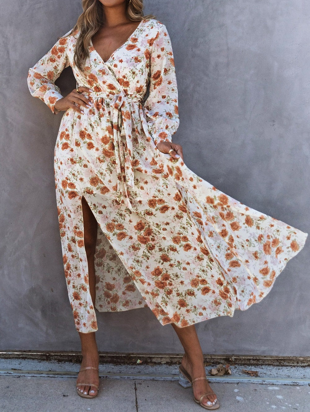 Orange Floral Wrap V Neck Side Slit Maxi Dress