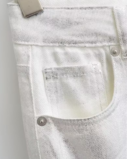 Mid-Rise White Metallic Baggy Jeans