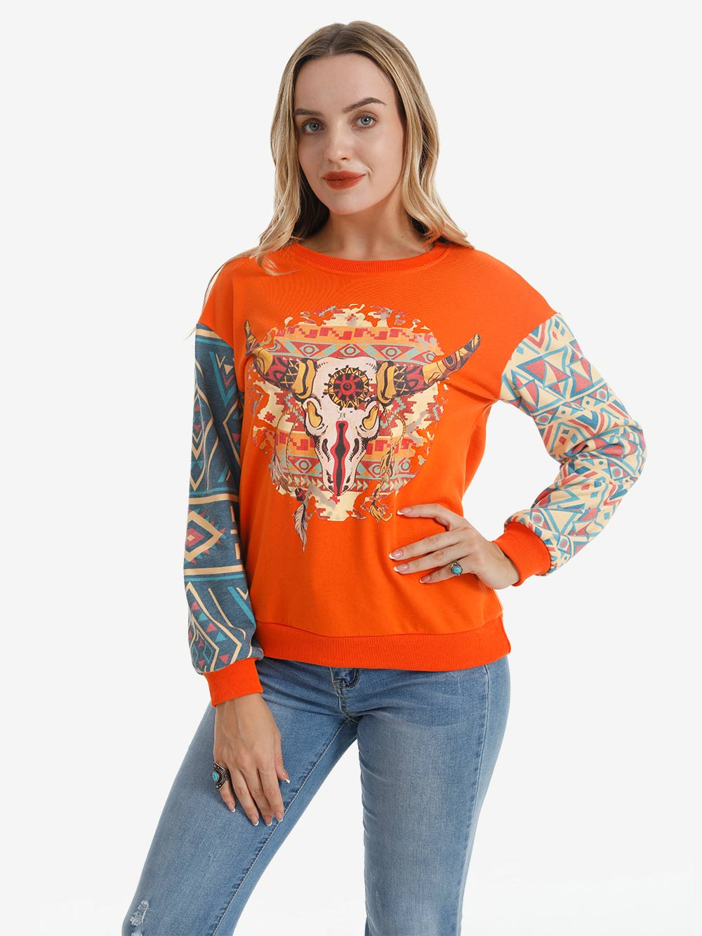 American Bling Women Vintage Bull Skull Aztec Style Sweatshirt